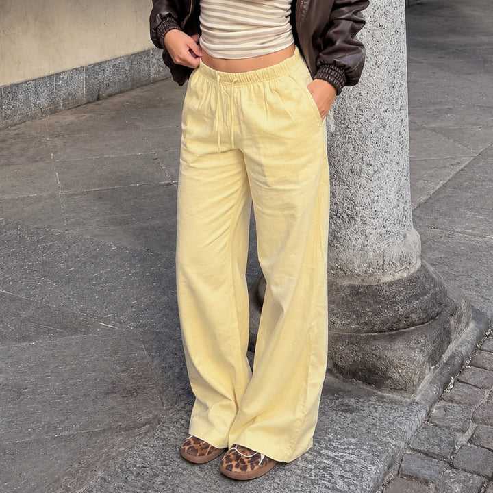 Damen Leinen-Loungehose mit weitem Bein, Tunnelzug und Seitentaschen – Avélisse