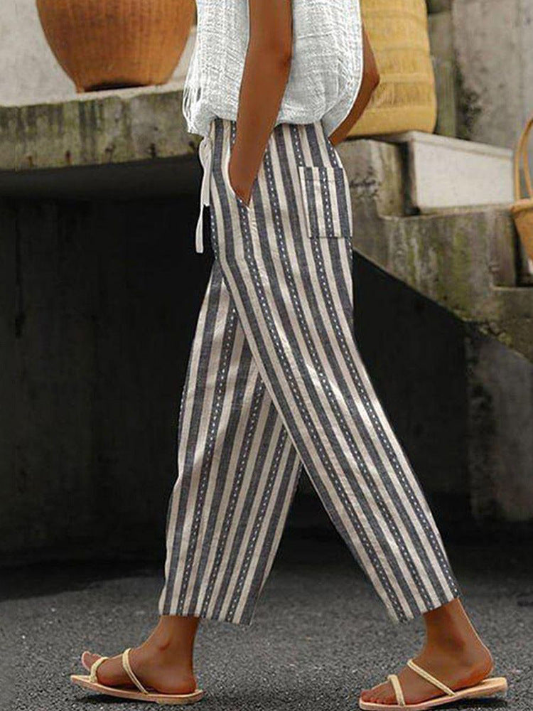 Damen Weite Leinenhose mit handgewebtem Muster Echoarchiv