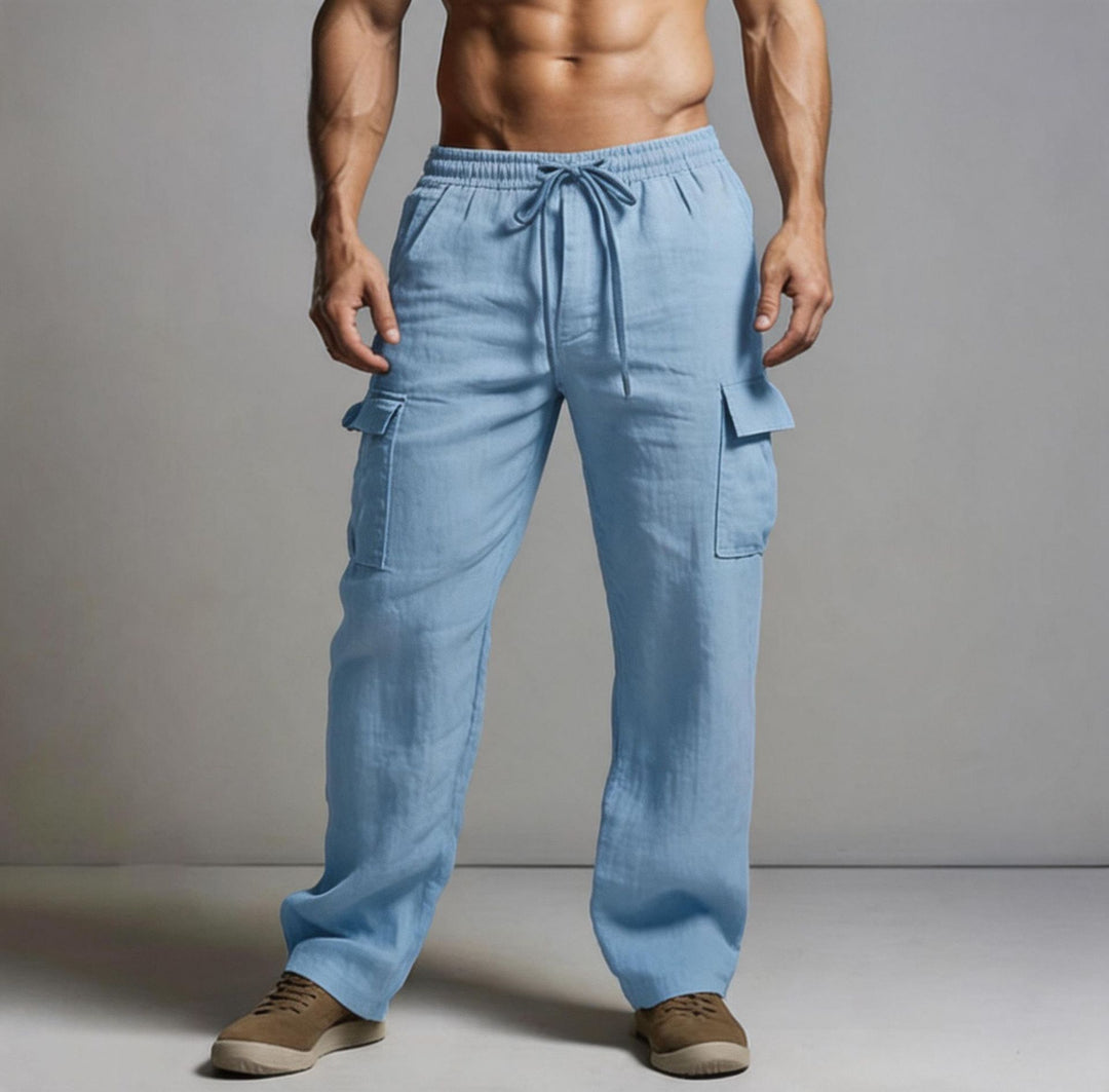 Herren leichte Leinen Cargohose mit elastischem Bund und großen Seitentaschen – Bravaro