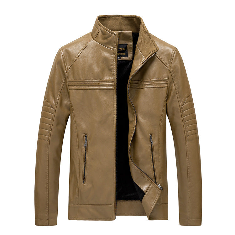 Herren Slim-Fit Kunstleder-Motojacke mit Stehkragen und gesteppter Ärmelpasse Echoarchiv