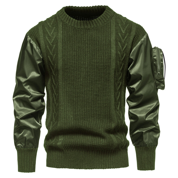 Herren Grobstrickpullover mit modernen Kunstlederärmeln Echoarchiv