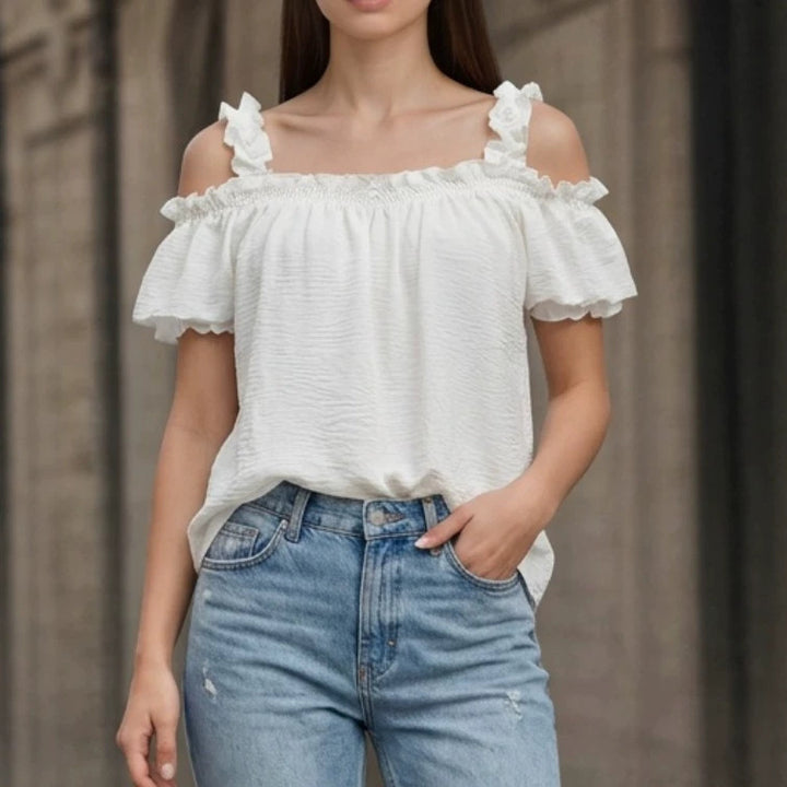 Damen Schulterfreies Crinkle-Top mit Smok-Bandeau, Rüschen‑Trägern und Flügelärmeln Echo Archiv
