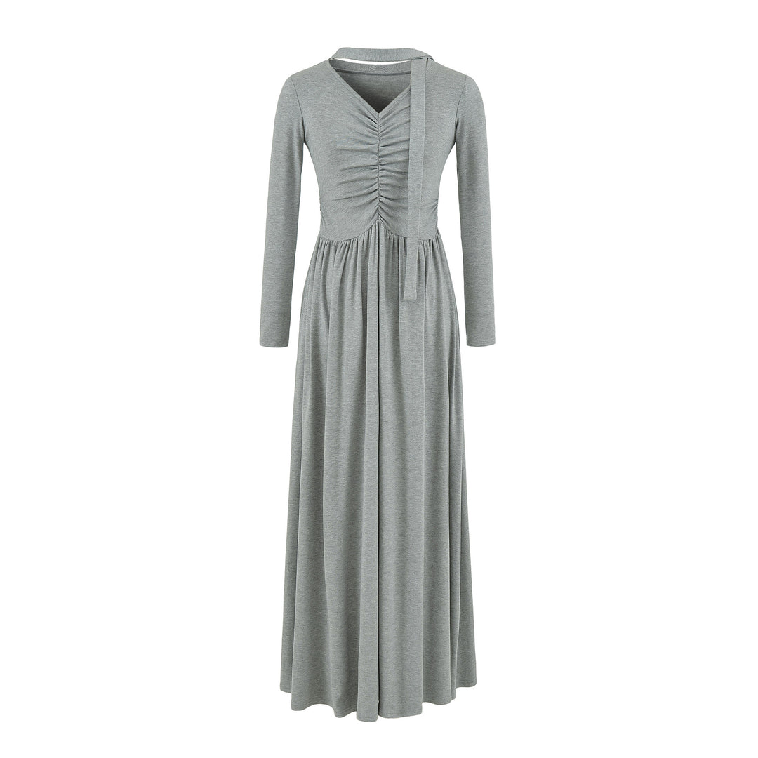 Damen Langes Jersey-Maxikleid mit Raffung, V-Ausschnitt und Bindeschal Echoarchiv