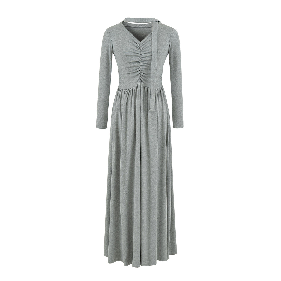 Damen Langes Jersey-Maxikleid mit Raffung, V-Ausschnitt und Bindeschal Echoarchiv
