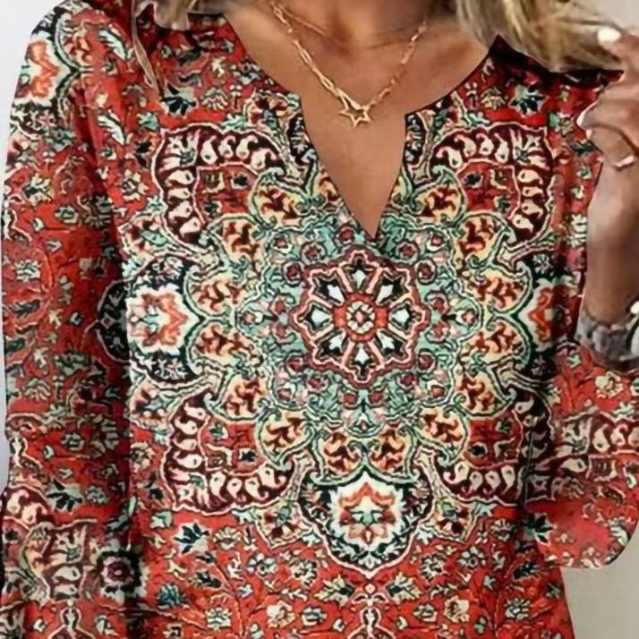 Damen Boho-Tunika-Bluse mit Mandala-Print, V-Ausschnitt und dreiviertel Ärmeln – Élovi