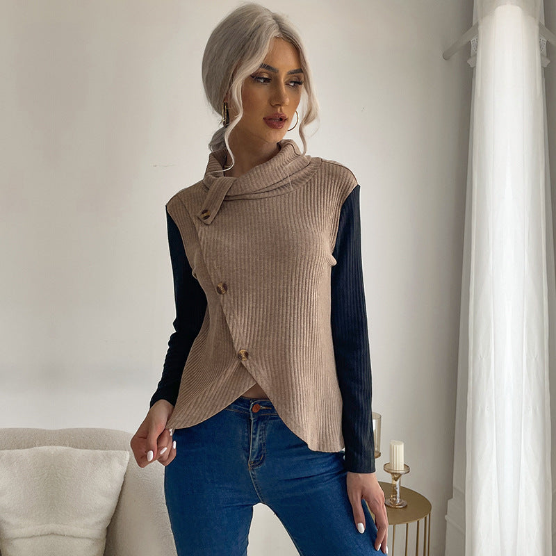 Damen Asymmetrisches Rippenstrick-Layering-Top mit Rollkragen und Zierknopfleiste Echoarchiv
