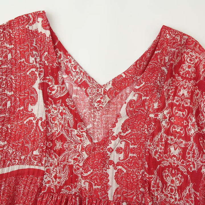 Damen Langes Boho-Maxikleid mit V-Ausschnitt und geraffter Empire-Taille Echoarchiv