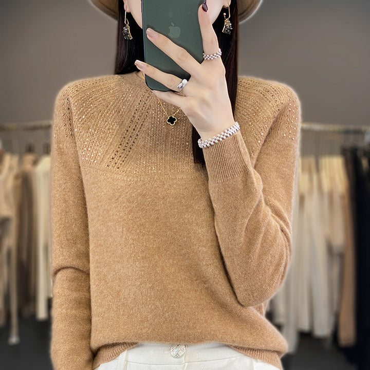Damen Weicher Kaschmir‑Optik Feinstrickpullover mit Ajour‑Yoke und Paillettenbesatz Echoarchiv