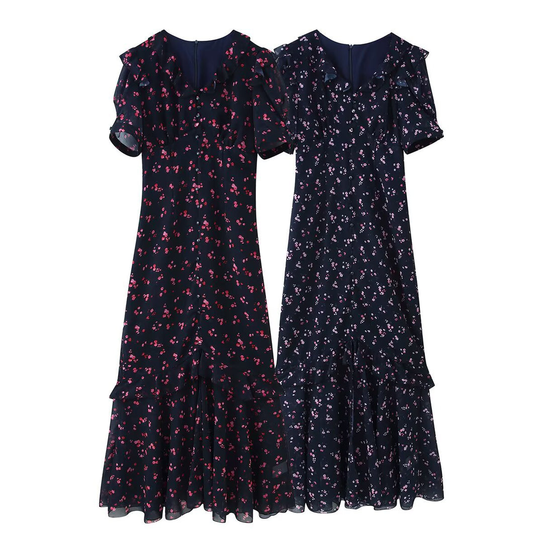 Damen Maxikleid mit Volants, V-Ausschnitt und floralem Chiffon-Look Echoarchiv