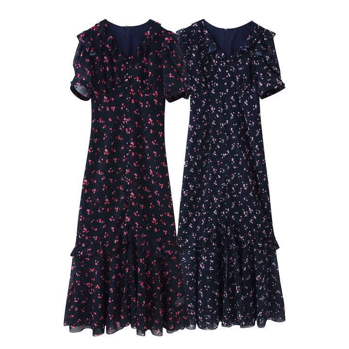 Damen Maxikleid mit Volants, V-Ausschnitt und floralem Chiffon-Look Echoarchiv