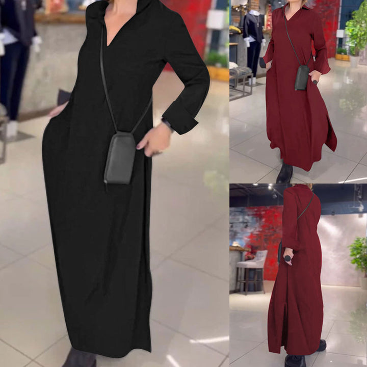 Damen Kragenblusenkleid mit V-Ausschnitt, Eingrifftaschen und seitlichen Schlitzen – Lunéa
