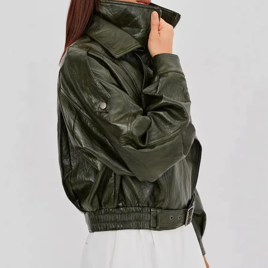 Damen Modische Lederjacke mit Hüftgürtel – Velloura