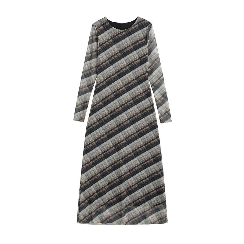 Damen nan langes Maxikleid mit diagonalem Karomuster, Rundhalsausschnitt und langem Ärmel Echo Archiv
