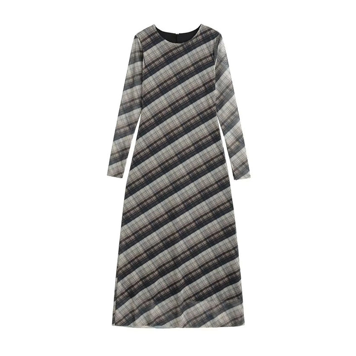 Damen nan langes Maxikleid mit diagonalem Karomuster, Rundhalsausschnitt und langem Ärmel Echo Archiv