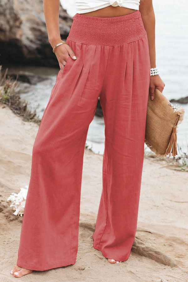 Damen weite Leinenhose mit elastischem Bund und Falten Echoarchiv