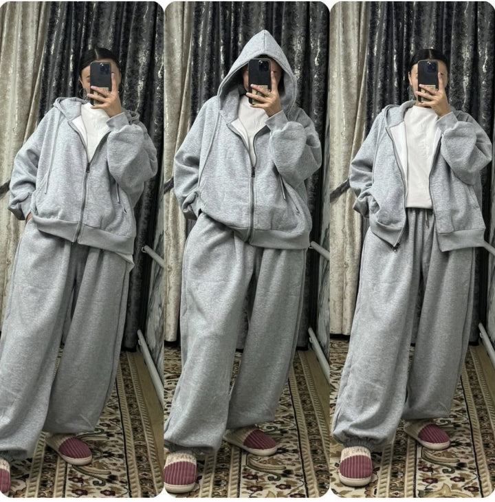 Damen übergroße Kapuzenjacke mit Reißverschluss und weite Jogginghose Lounge Set – Auréline