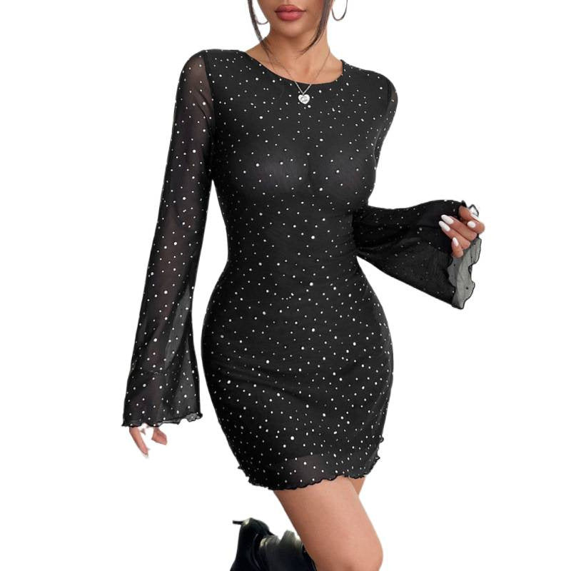 Damen schulterfreies Minikleid mit langärmligen Volantärmeln und tiefem Rückenausschnitt Echo Archiv