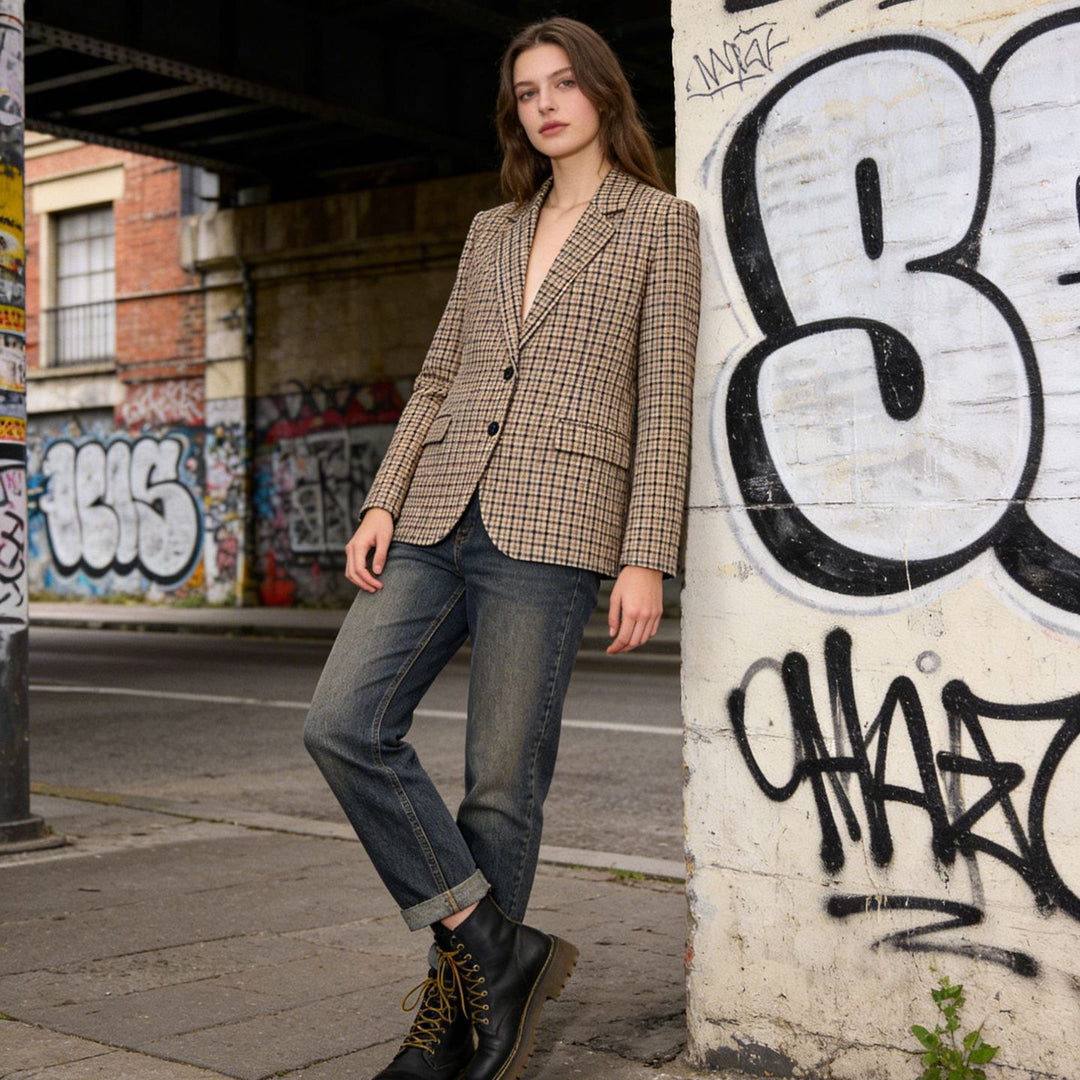 Damen Karo-Sakko im modernen Tailoring mit Reverskragen, zwei-Knopf-Verschluss und gefütterten Pattentaschen Echo Archiv