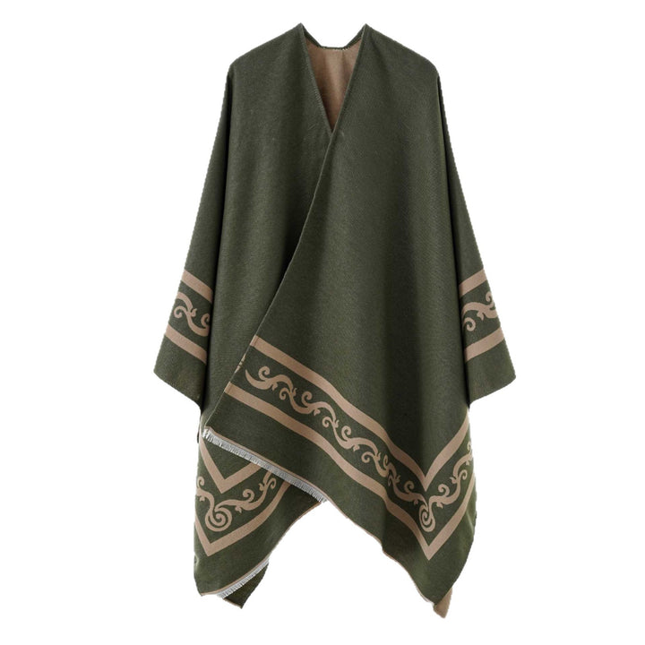 Damen Oversize-Cape mit geometrischem Jacquard und Fransensaum – Avérine