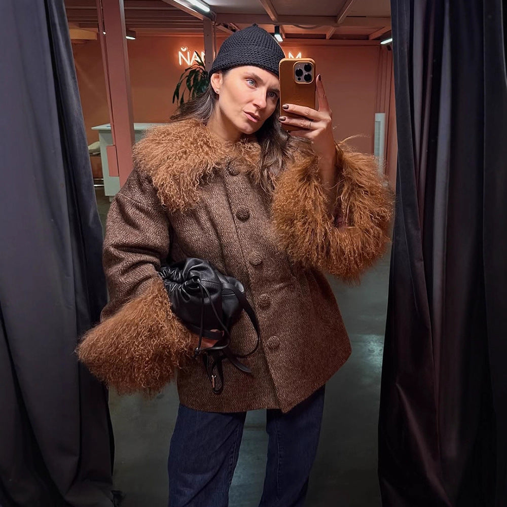 Damen Oversize Wollmix-Marka Mantel mit voluminösem Lammfellimitatkragen und extra weitem Ärmelabschluss Echoarchiv