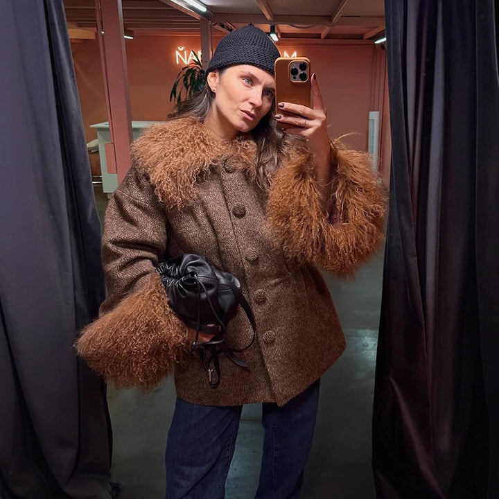Damen Oversize Wollmix-Marka Mantel mit voluminösem Lammfellimitatkragen und extra weitem Ärmelabschluss Echoarchiv