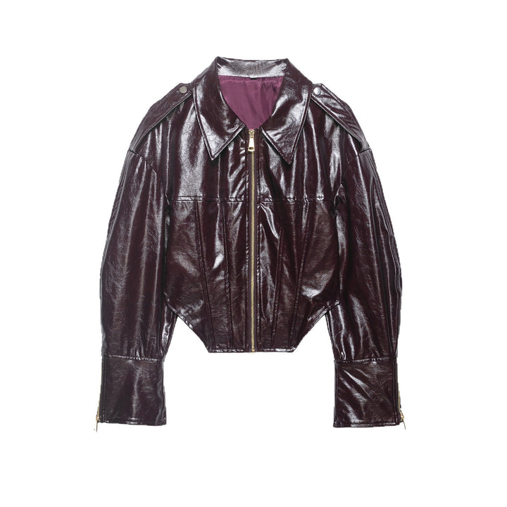 Damen Glänzende Cropped Bikerjacke in Lackoptik mit Schulterklappen und Zip-Ärmeln Echoarchiv