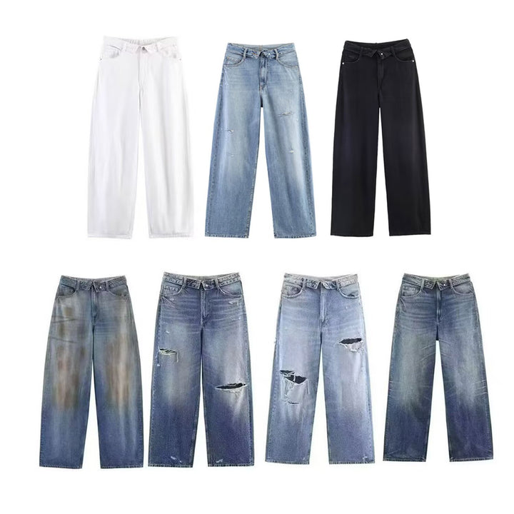 Damen nan weite hochgeschnittene Vintage-Jeans mit Destroyed-Effekten Echo Archiv