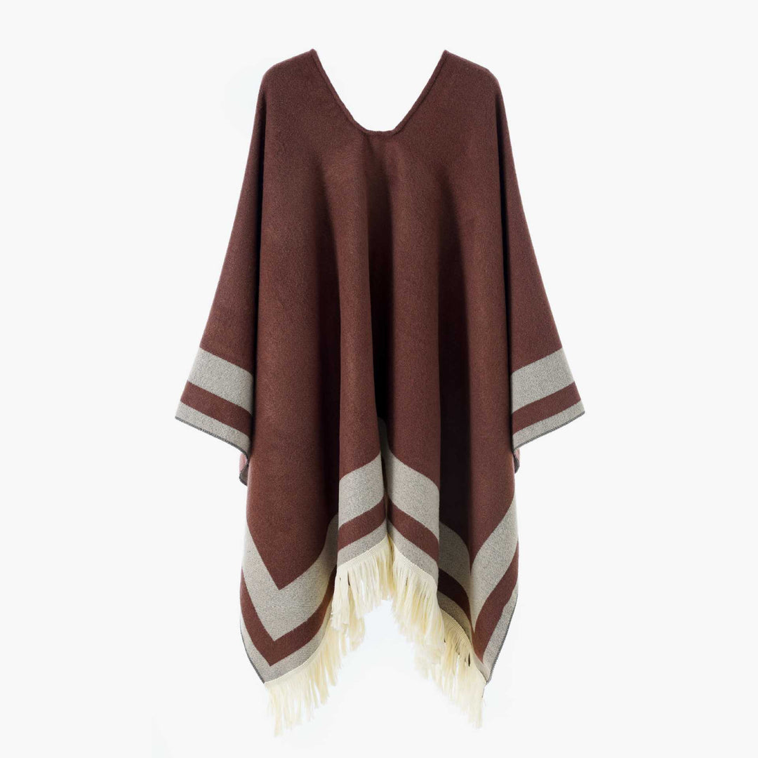 Damen Oversize Poncho-Cape mit V-Ausschnitt und Fransensaum – Avérine