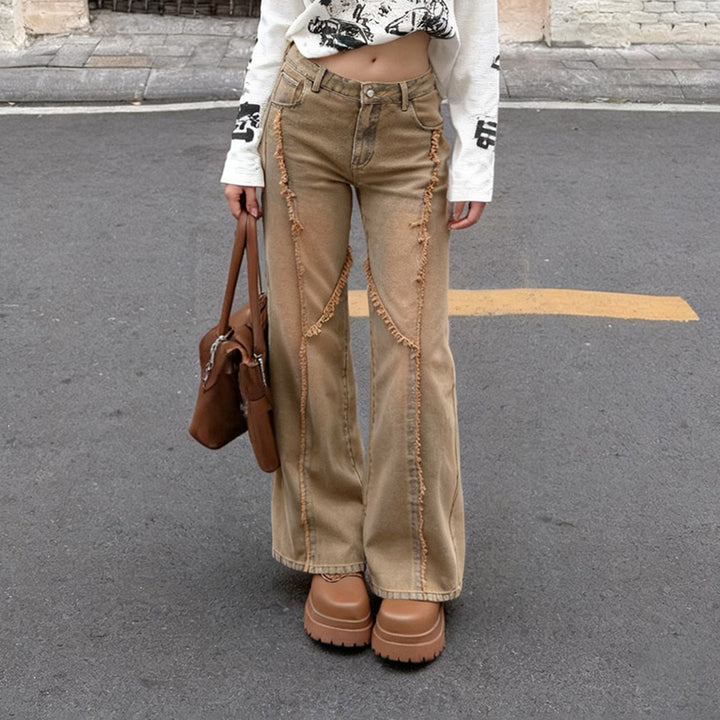 Damen nan hochgeschnittene Wide‑Leg Jeans mit offenen Saumnähten, diagonalem Fransenbesatz und Relaxed Fit Echo Archiv