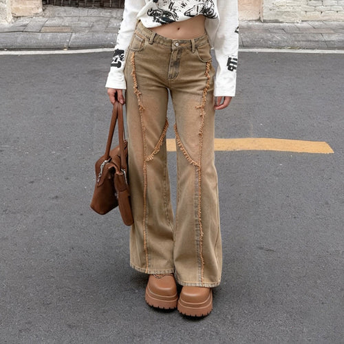 Damen nan hochgeschnittene Wide‑Leg Jeans mit offenen Saumnähten, diagonalem Fransenbesatz und Relaxed Fit Echo Archiv
