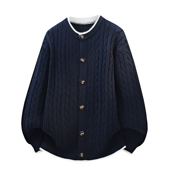 Damen Oversize Zopfstrick-Cardigan mit Rundhalsausschnitt, Holzknopfleiste & Kontrastbesatz Echoarchiv