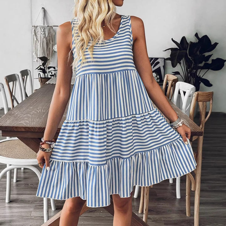 Damen Freizeitkleid mit modischem Streifenmuster und Rüschensaum Echo Archiv