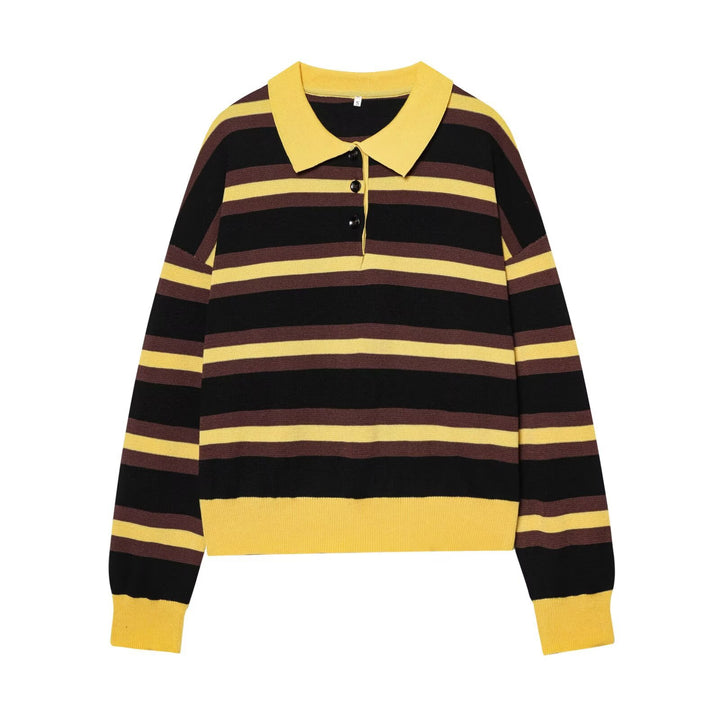 Damen Gestreifter Rugby-Pullover mit Polokragen und Knopfleiste Echoarchiv