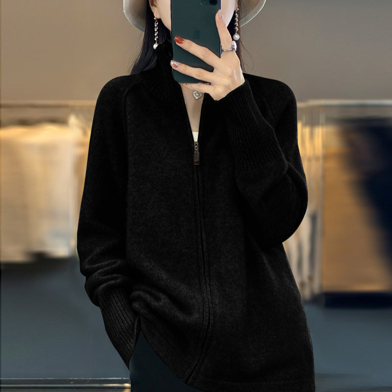 Damen Zip-Cardigan im Kaschmir‑Look mit Stehkragen und gerippten Bündchen Echoarchiv