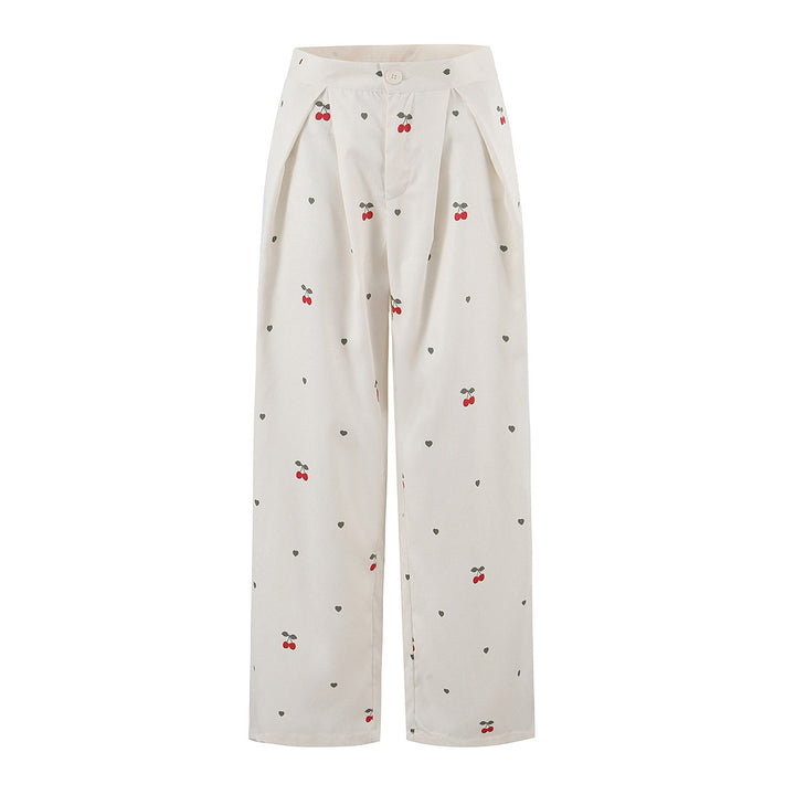 Damen weite High‑Waist Hose mit Kirschenprint und Bundfalten Echo Archiv