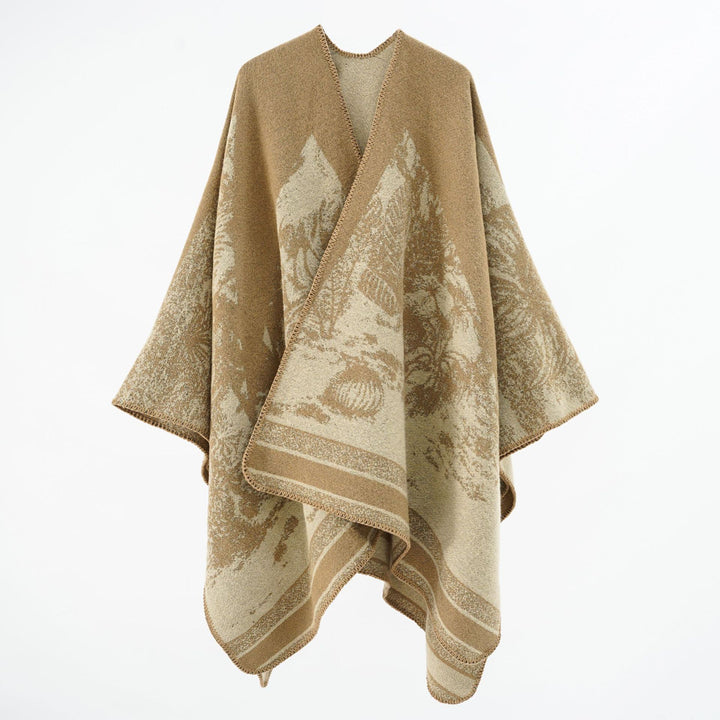 Damen Capeponcho aus Wollmix mit zweifarbiger Jacquardstruktur und Zierstichrand – Montévia