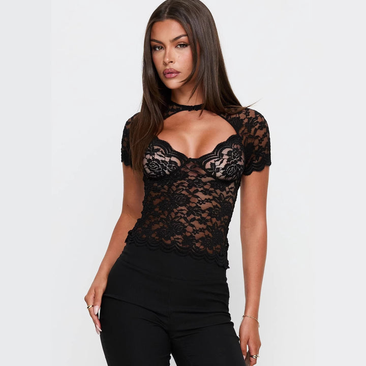 Damen Spitzenoberteil mit eleganter Ausschnittgestaltung und kurzärmeliger Silhouette Echo Archiv