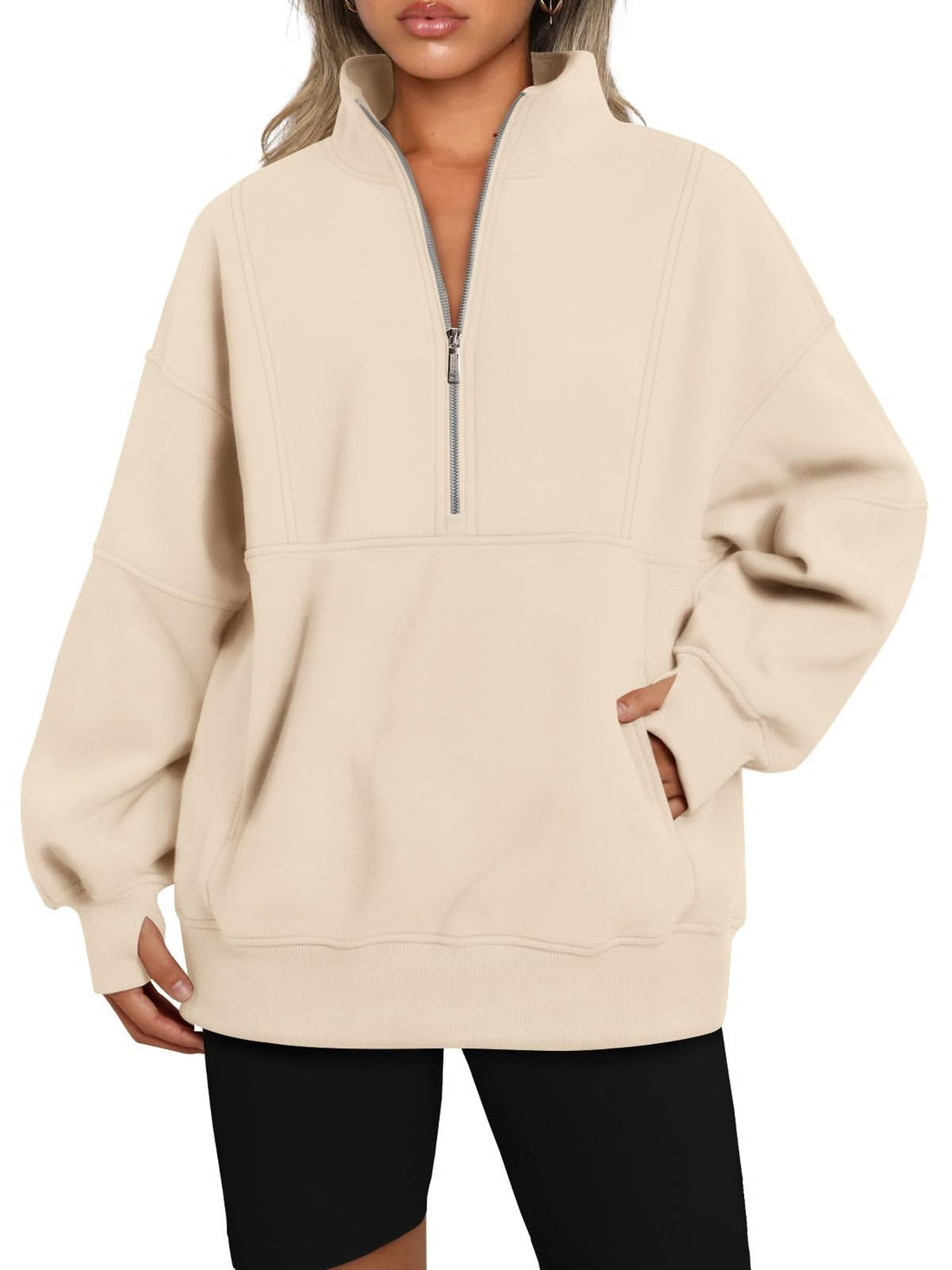 Damen Oversize-Sweatshirt mit halbem Reißverschluss, Stehkragen und Kängurutasche Echo Archiv