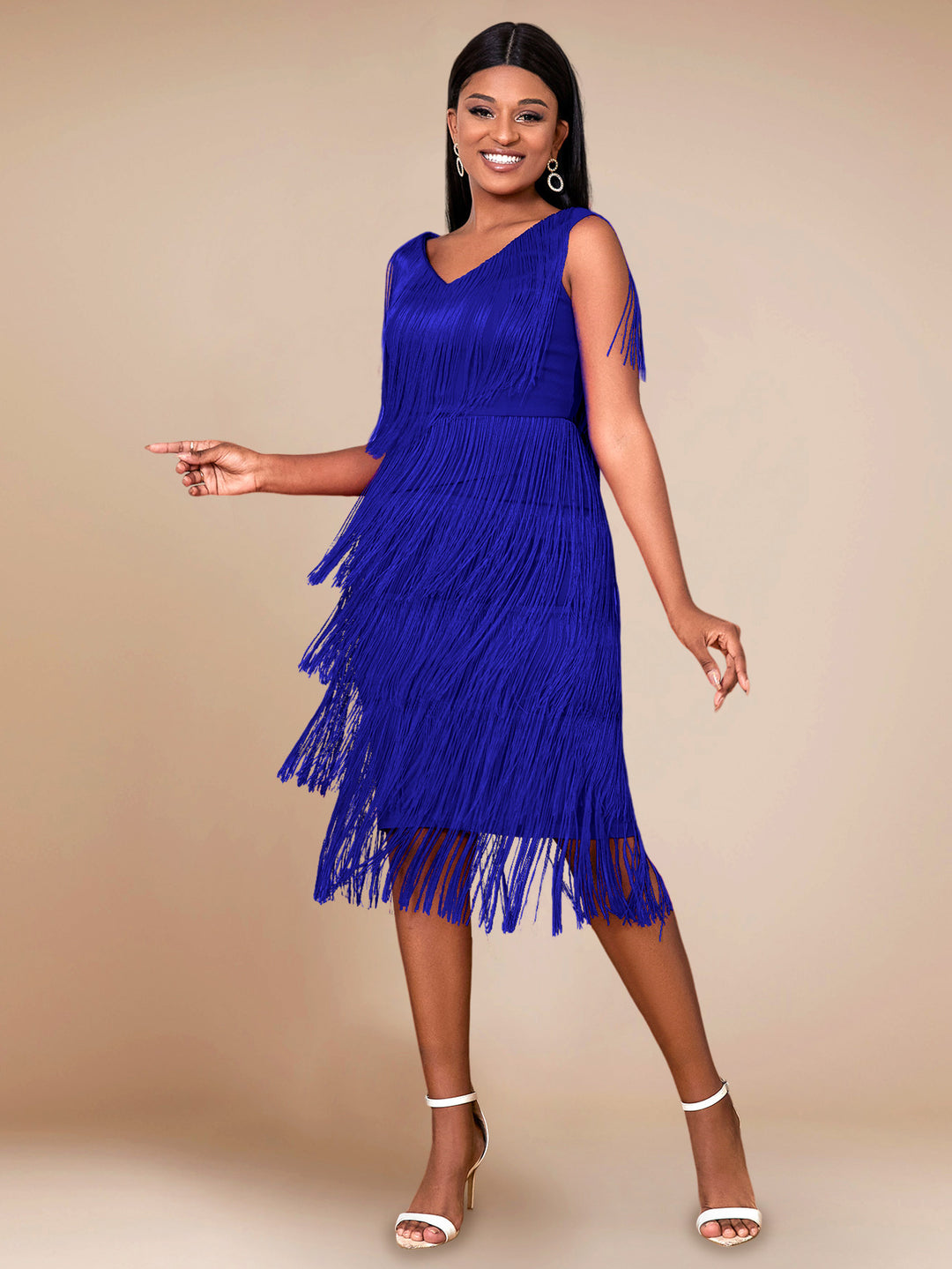 Damen Fransen Kleid mit elegantem V-Ausschnitt und schwingendem Saum Echo Archiv
