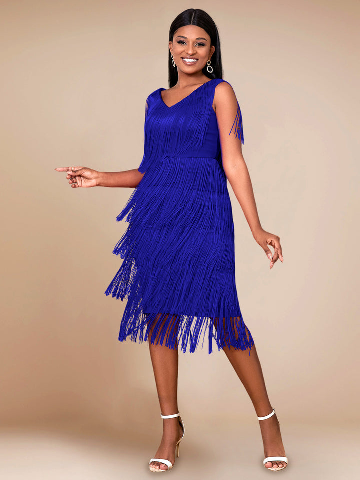 Damen Fransen Kleid mit elegantem V-Ausschnitt und schwingendem Saum Echo Archiv