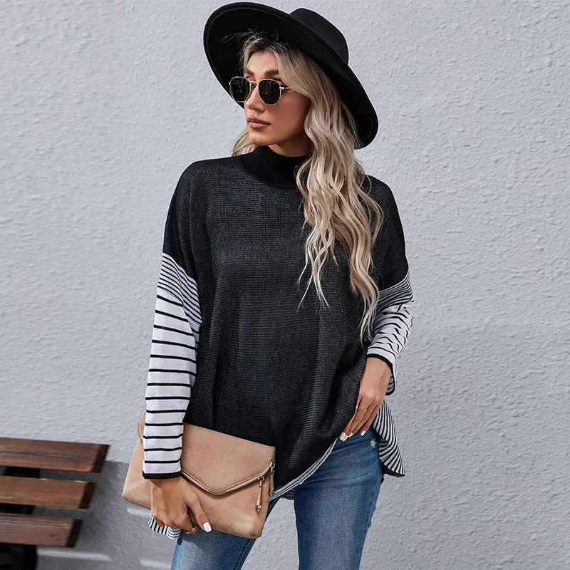 Damen Oversize Strickpullover mit Stehkragen und gestreiften Raglanärmeln Echoarchiv