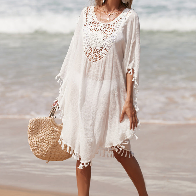 Damen Häkel-Strandüberwurf mit fransigem Saum und elegantem Lochmuster Echo Archiv