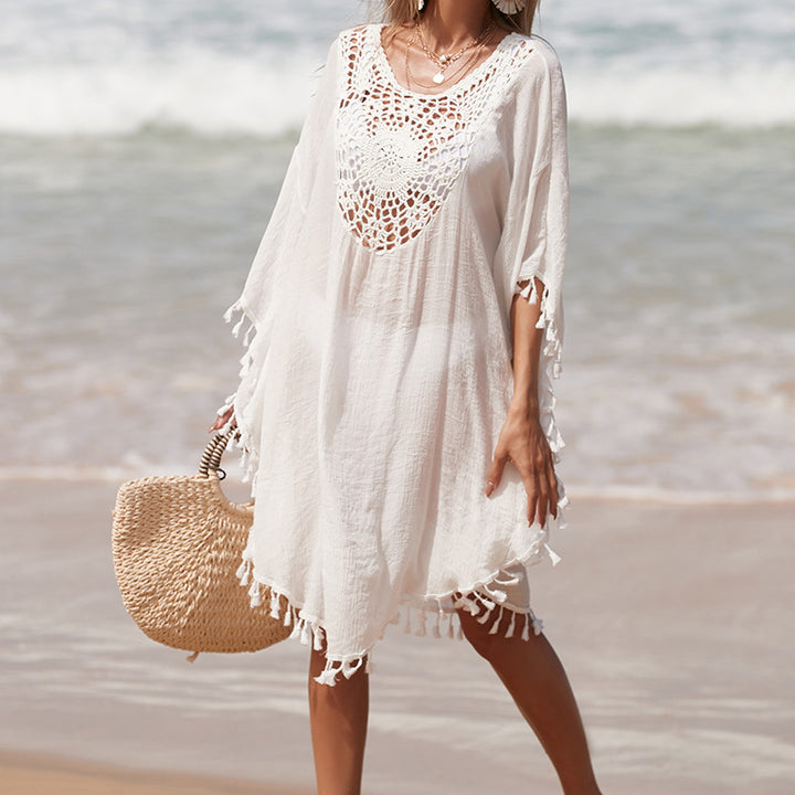 Damen Häkel-Strandüberwurf mit fransigem Saum und elegantem Lochmuster Echo Archiv