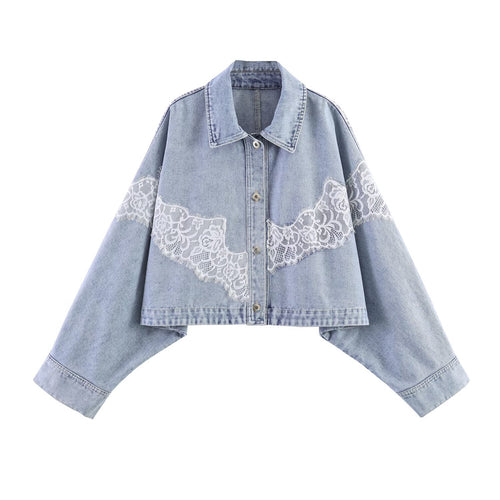 Damen Kurz geschnittene Jeansjacke mit Spitzenapplikation und Oversize-Kimonärmeln Echo Archiv
