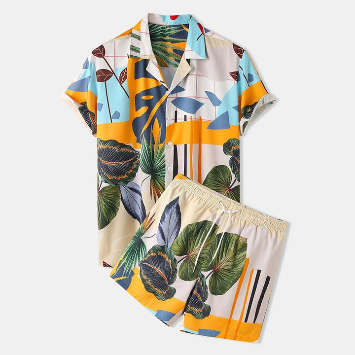 Herren Freizeit Hemd und Shorts Set mit farbenfrohem Pflanzenmuster Echoarchiv