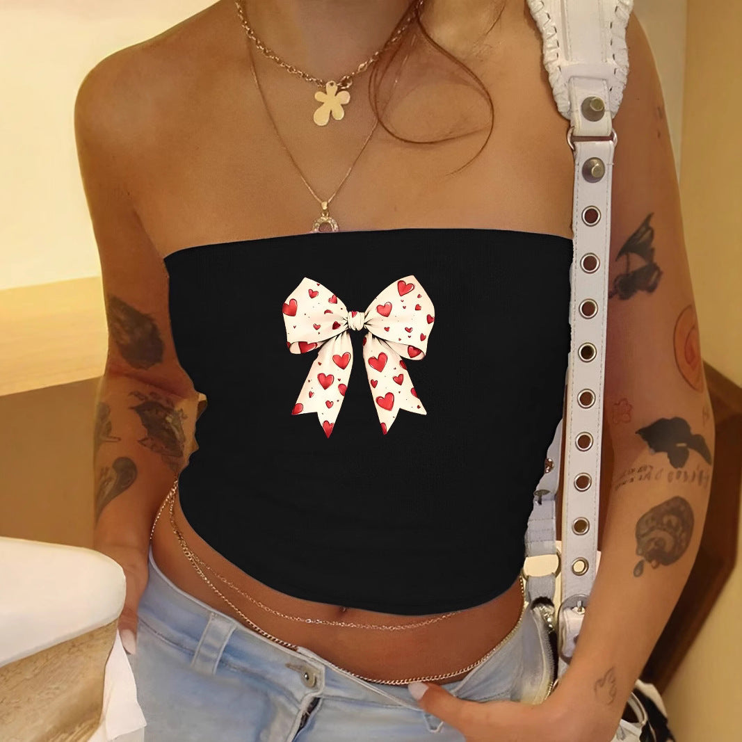 Damen Bandeau-Top mit romantischem Herzmotiv und Schleifendruck Echo Archiv