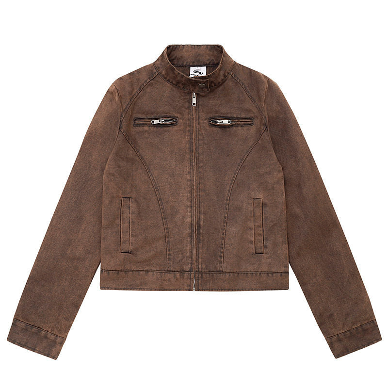 Damen kurze Bikerjacke aus Vintage‑Lederoptik mit Stehkragen und Brustzipper Echoarchiv