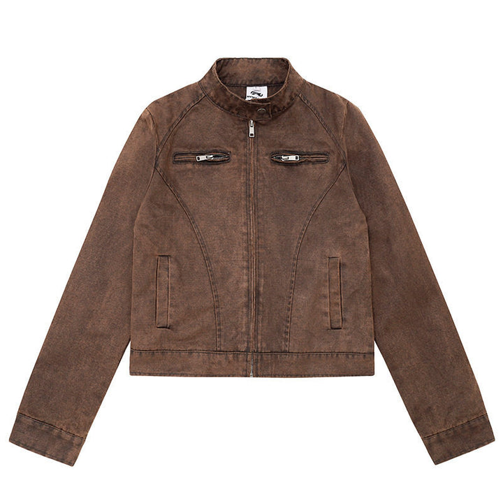 Damen kurze Bikerjacke aus Vintage‑Lederoptik mit Stehkragen und Brustzipper Echoarchiv