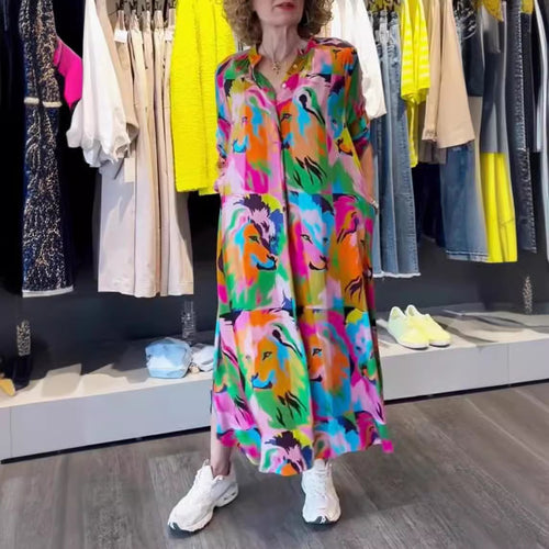 Damen nan Hemdblusen-Maxikleid mit Pop‑Art-Löwenprint, Knopfleiste und Eingrifftaschen Echo Archiv