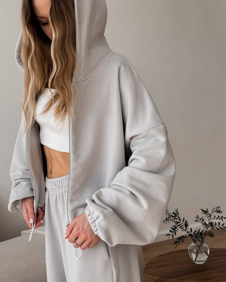 Damen oversized Kapuzenjacke mit Reißverschluss und weiten Jogginghose Lounge-Set – Auréline